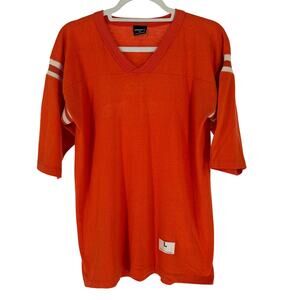 Vintage 70s Wright's Shirt Mens Large Orange V Neck Striped Sleeve Made USA